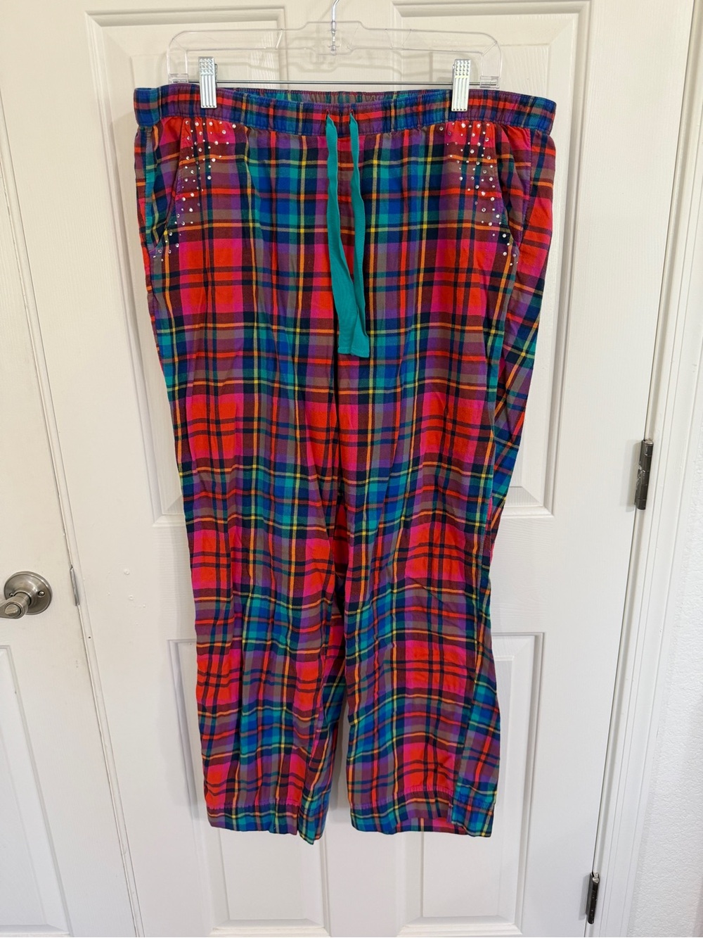 Aerie Large Rainbow Plaid Rhinestone Lounge Pajama Pants Y2K Cotton